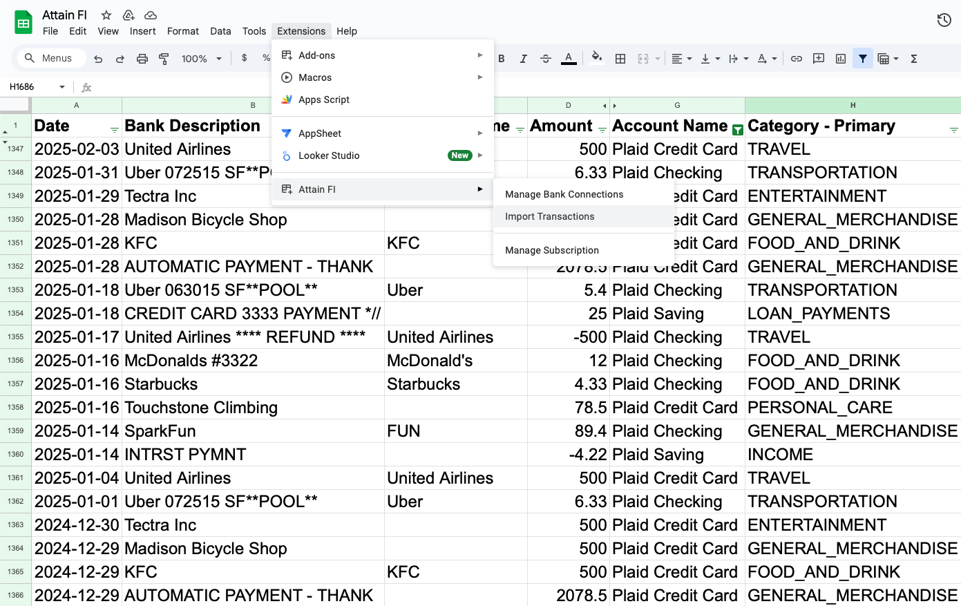 Sync transactions to your spreadsheet with Attain FI